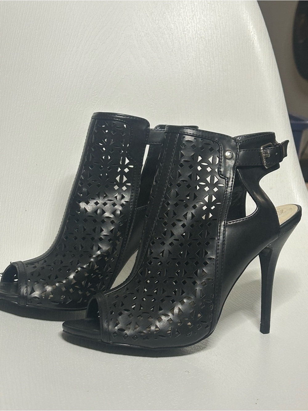 Guess Black Laser-Cut Open-Toe Stiletto Sandals